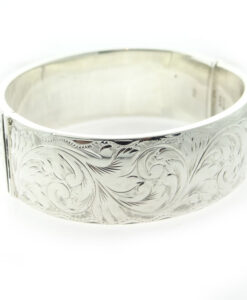 Vintage Half Engraved Wide Sterling Silver Bangle