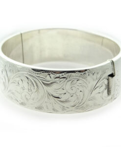 Vintage Half Engraved Wide Sterling Silver Bangle