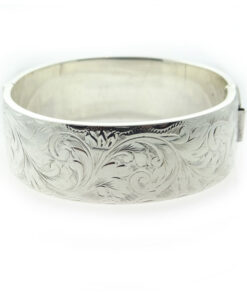 Vintage Half Engraved Wide Sterling Silver Bangle