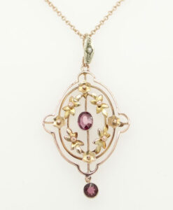 Antique Gold Almandine Garnet and Pearl Pendant with Chain