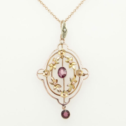 Antique Gold Almandine Garnet and Pearl Pendant with Chain