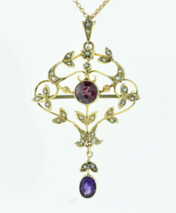 Antique Gold Garnet, Amethyst and Pearl Pendant with Chain