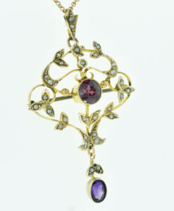 Antique Gold Garnet, Amethyst and Pearl Pendant with Chain