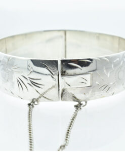 Vintage Engraved Solid Sterling Silver Flower Bangle
