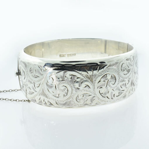 Vintage Half Engraved Wide Sterling Silver Bangle Dated 1962