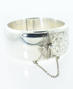 Vintage Half Engraved Wide Sterling Silver Bangle