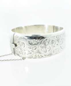 Vintage Half Engraved Wide Sterling Silver Bangle