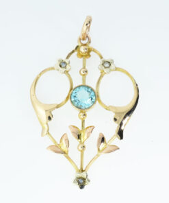 Antique Rose Gold Blue Topaz and Pearl Pendant