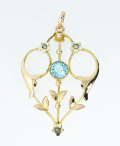 Antique Rose Gold Blue Topaz and Pearl Pendant