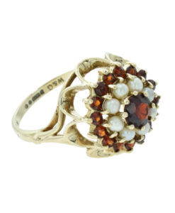 9ct Gold Diamond Garnet & Pearl Cluster Ring