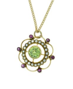 Antique Gold Peridot, Almandine Garnet and Pearl Pendant