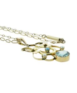 Antique Rose Gold Blue Topaz, Turquoise and Pearl Pendant