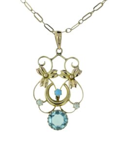 Antique 9ct Rose Gold Blue Topaz, Turquoise and Pearl Pendant