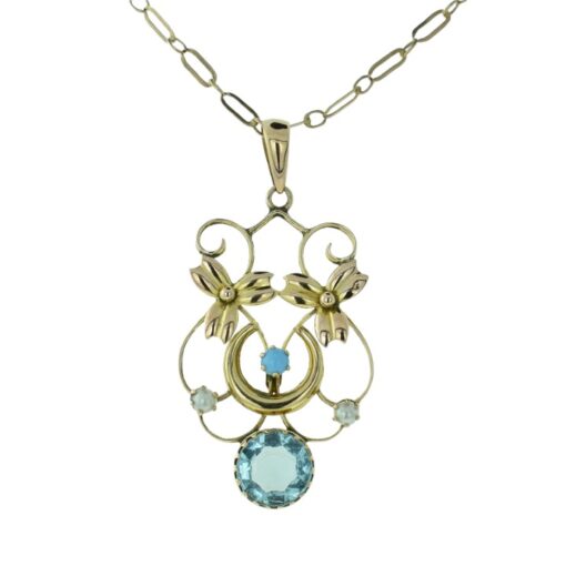 Antique 9ct Rose Gold Blue Topaz, Turquoise and Pearl Pendant