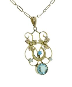 Antique 9ct Rose Gold Blue Topaz, Turquoise and Pearl Pendant