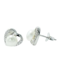 Sparkling Silver Pearl Heart Earrings