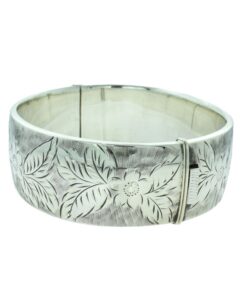 Vintage Wide Sterling Silver Flower Bangle Dated 1965