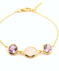 18k Gold Vermeil Amethyst and Rose Quartz Stone Bracelet