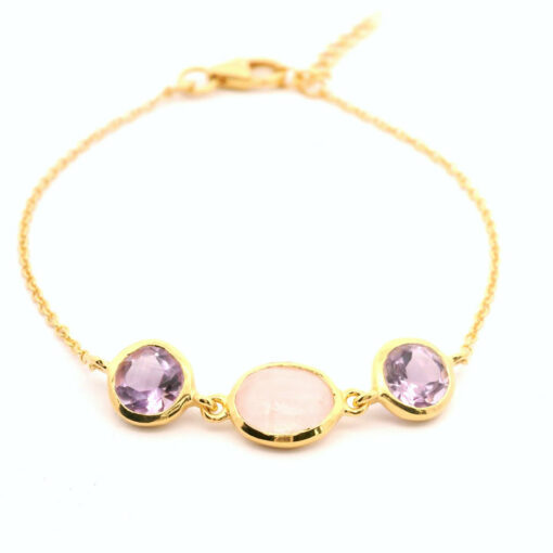 18k Gold Vermeil Amethyst and Rose Quartz Stone Bracelet