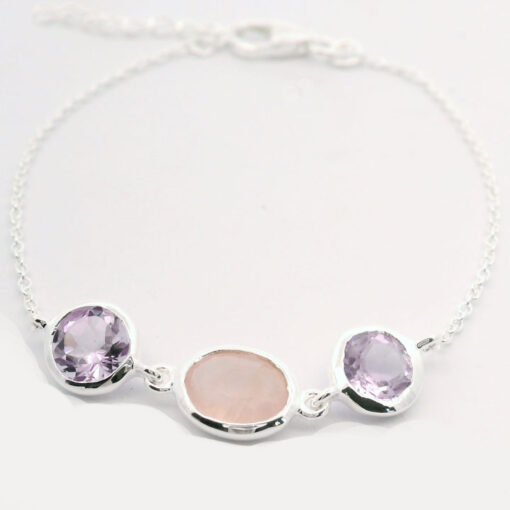 Sterling Silver Amethyst and Rose Quartz Stone Bracelet