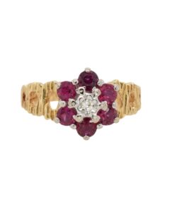 Vintage Gold Diamond and Ruby Cluster Ring