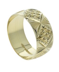 Wide 9ct Gold Star Embossed Wedding Band Ring 10mm
