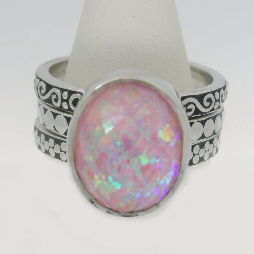 SAJEN Silver Pink Quartz Doublet Simulated Opal Ring