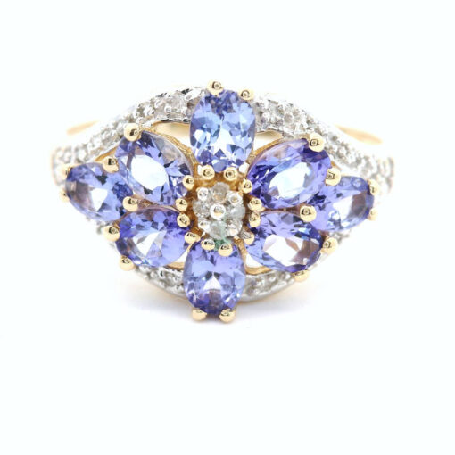 14ct Yellow Gold Diamond and Tanzanite Cluster Ring