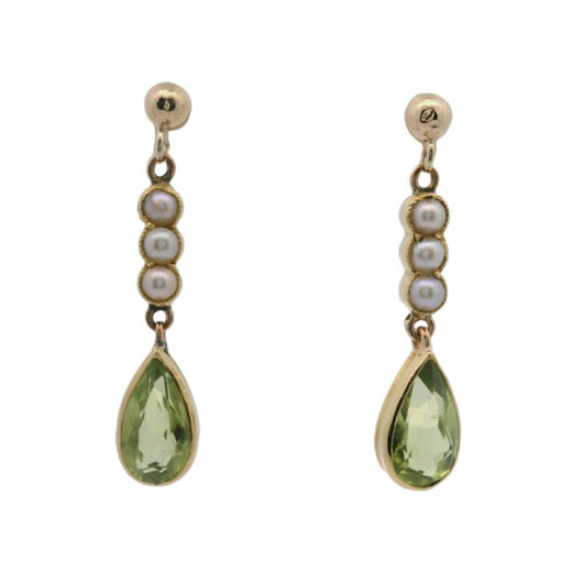 9ct Yellow Gold Peridot and Pearl Drop Earrings