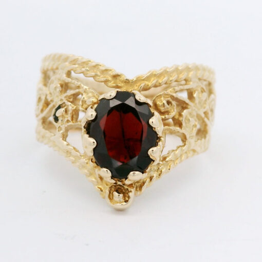 9ct Gold Garnet Filigree Wishbone Ring