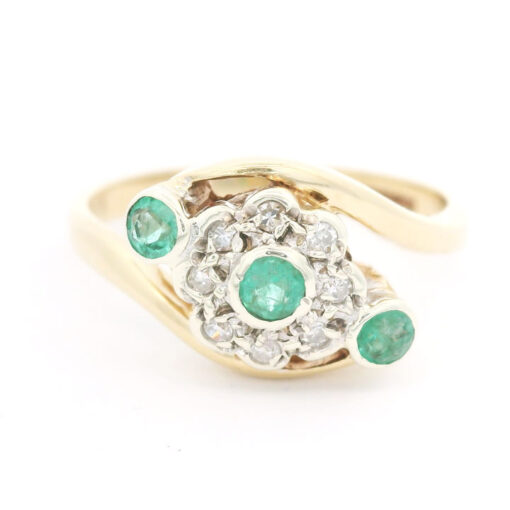 Vintage 9ct Gold Diamond & Emerald Daisy Cluster Ring