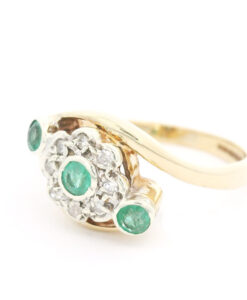 Vintage 9ct Gold Diamond & Emerald Daisy Cluster Ring