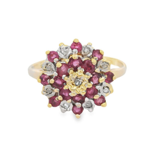 Vintage Gold Diamond and Ruby Cluster Ring