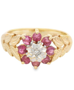 Vintage Gold Diamond and Ruby Cluster Ring