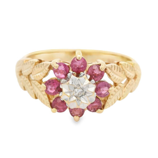 Vintage Gold Diamond and Ruby Cluster Ring