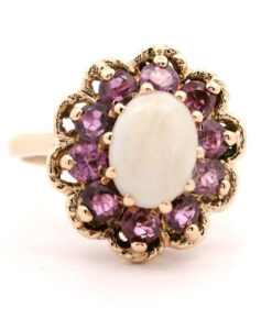 Vintage 9ct Gold Opal & Amethyst Cluster Ring