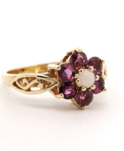 Vintage 9ct Yellow Gold Ruby and Opal Cluster Ring