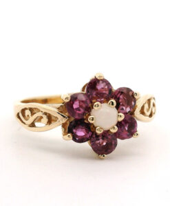 Vintage 9ct Yellow Gold Ruby and Opal Cluster Ring