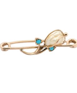 Antique Gold Pearl and Turquoise Flower Brooch