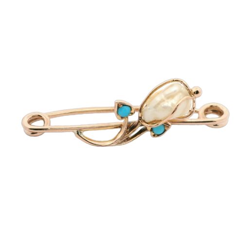 Antique Gold Pearl and Turquoise Flower Brooch