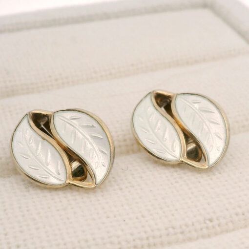 Vintage David Andersen Sterling Silver & White Enamel Leaf Earrings – Designed by Willy Winnaess (1950s-60s)