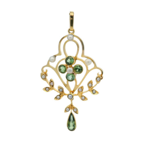 Gold Green Tourmaline and Pearl Pendant