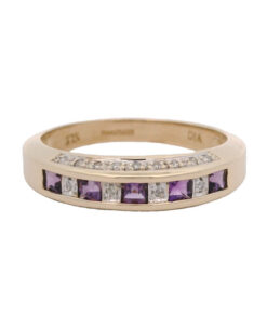 9ct Yellow Gold Diamond and Amethyst Band Ring