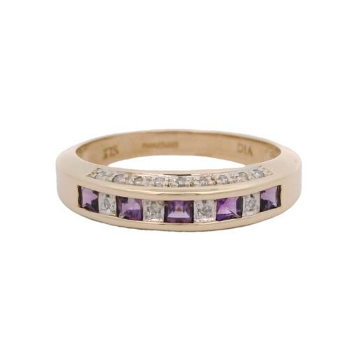 9ct Yellow Gold Diamond and Amethyst Band Ring