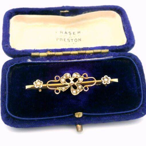 Antique 9ct Gold Pearl Shamrock Brooch dated 1913