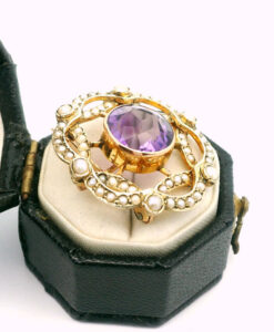 Antique 9ct Gold Amethyst and Pearl Cluster Brooch