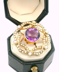 Antique 9ct Gold Amethyst and Pearl Cluster Brooch