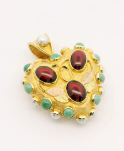 Exquisite 18ct Gold Garnet, Pearl and Turquoise Heart Locket