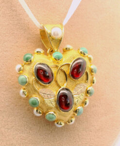 Exquisite 18ct Gold Garnet, Pearl and Turquoise Heart Locket