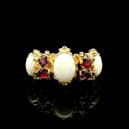 Vintage 9ct Yellow Gold Opal and Ruby Ring dated 1976